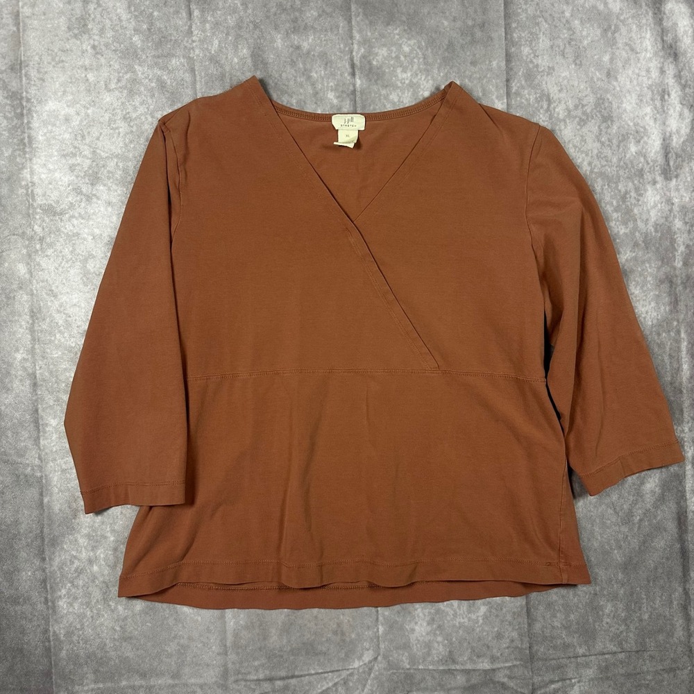 J. Jill Wearever Rust Terracotta Faux Wrap Top XL 3/4 Sleeve V-Neck Stretch Boho